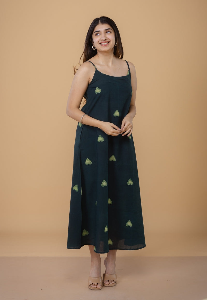 Viaana Green Dabu Cotton A Line Dress
