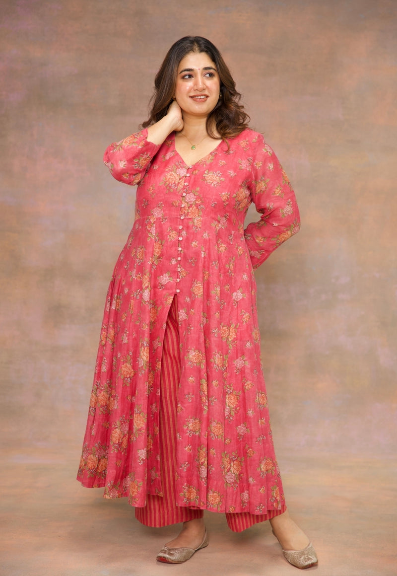 Rosaline Pink Sanganeri Chanderi Silk Kali Kurta with Hand Embroidery