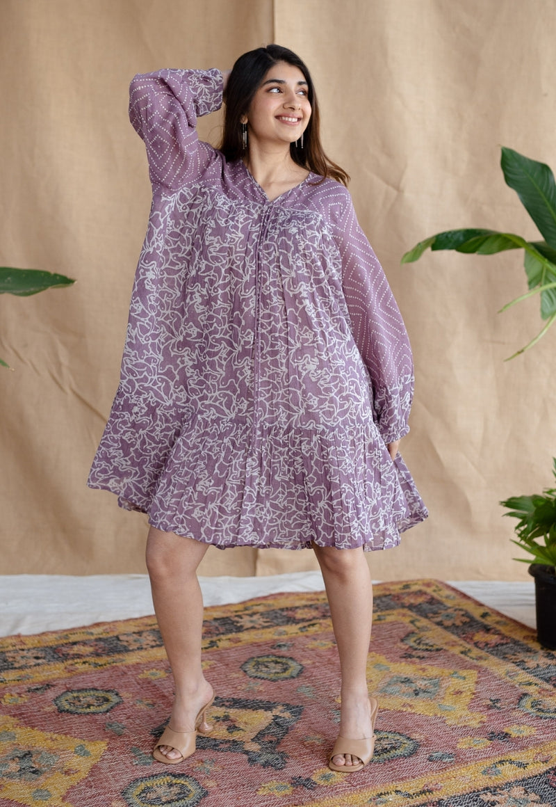 Aanvi Lavender Batik MulMul Cotton Loose Dress