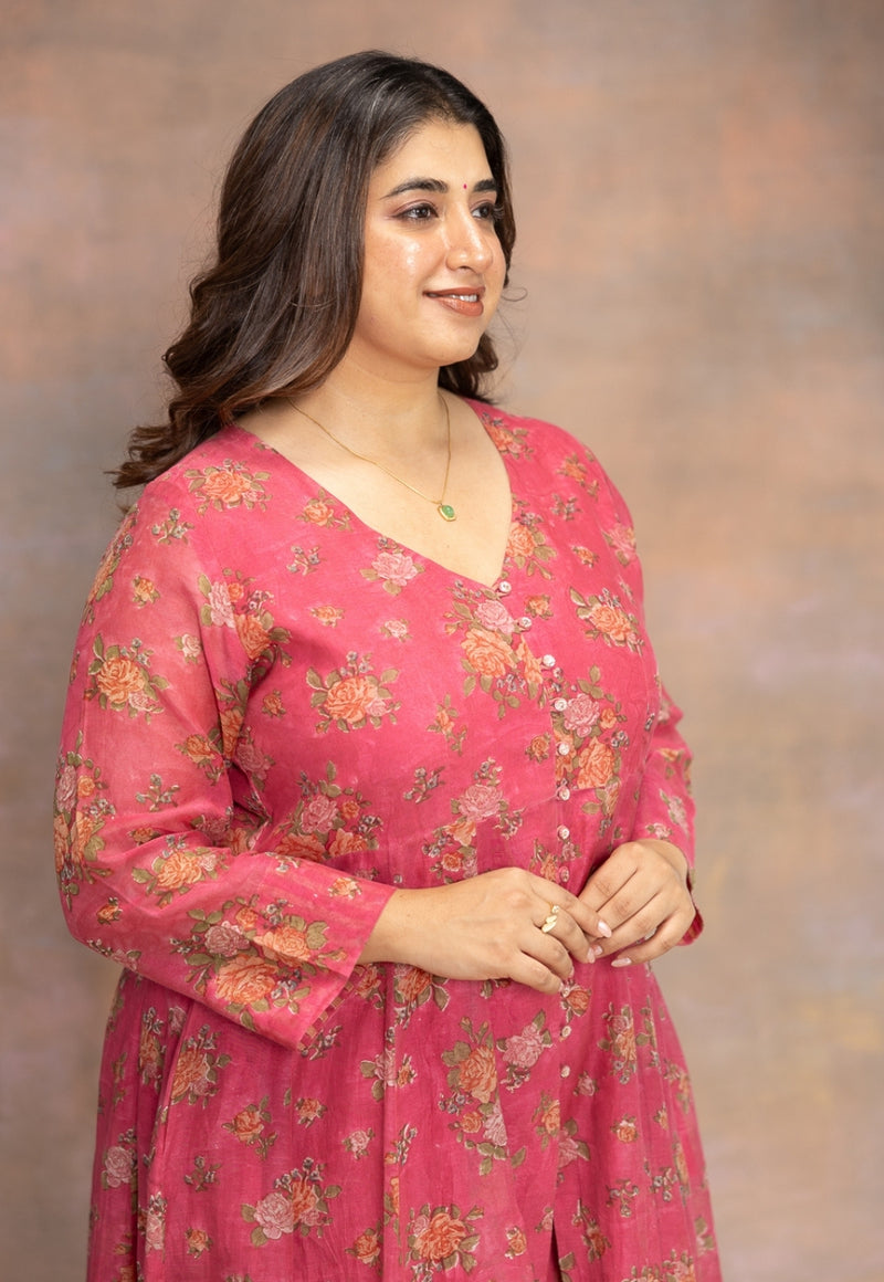 Rosaline Pink Sanganeri Chanderi Silk Kali Kurta with Hand Embroidery