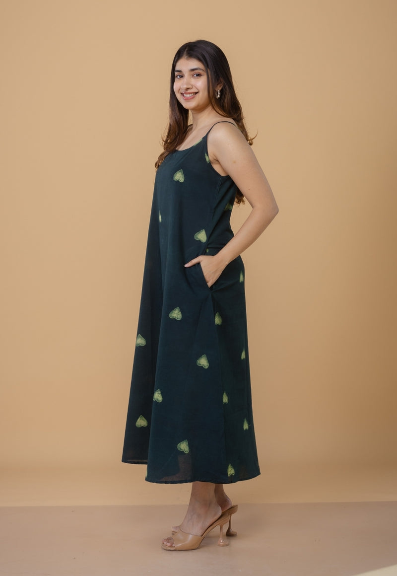 Viaana Green Dabu Cotton A Line Dress