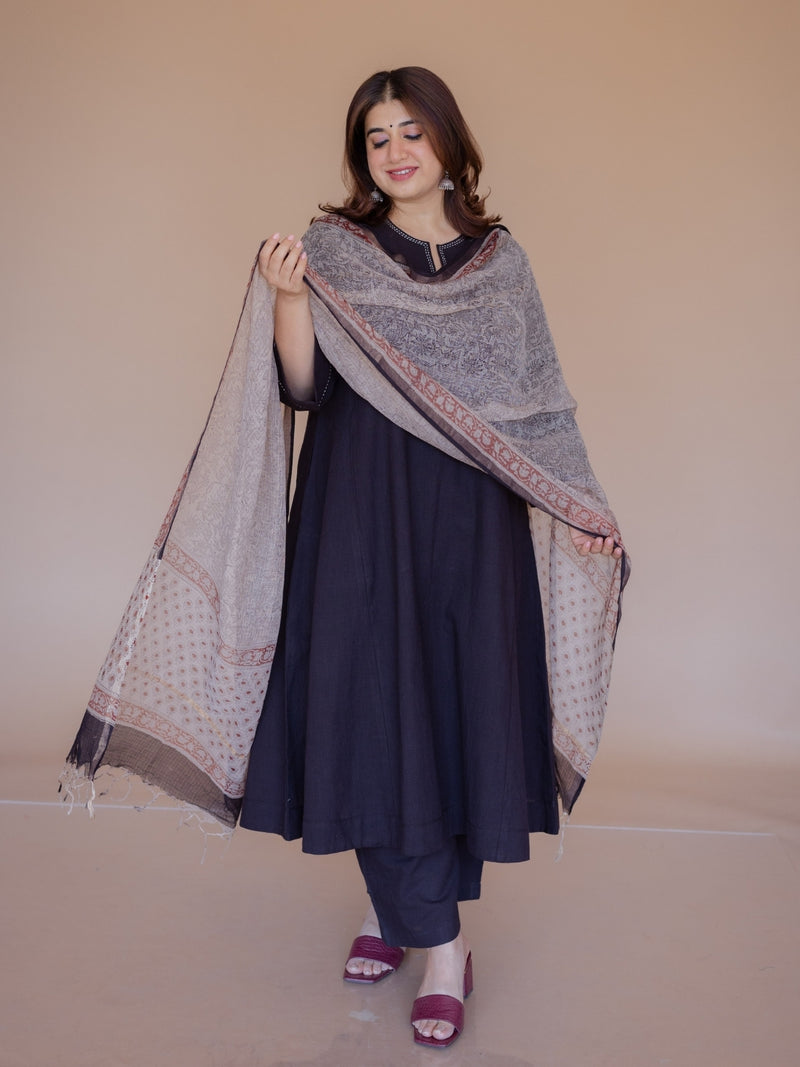 Off White Floral Bagru Kota Doria Cotton Dupatta