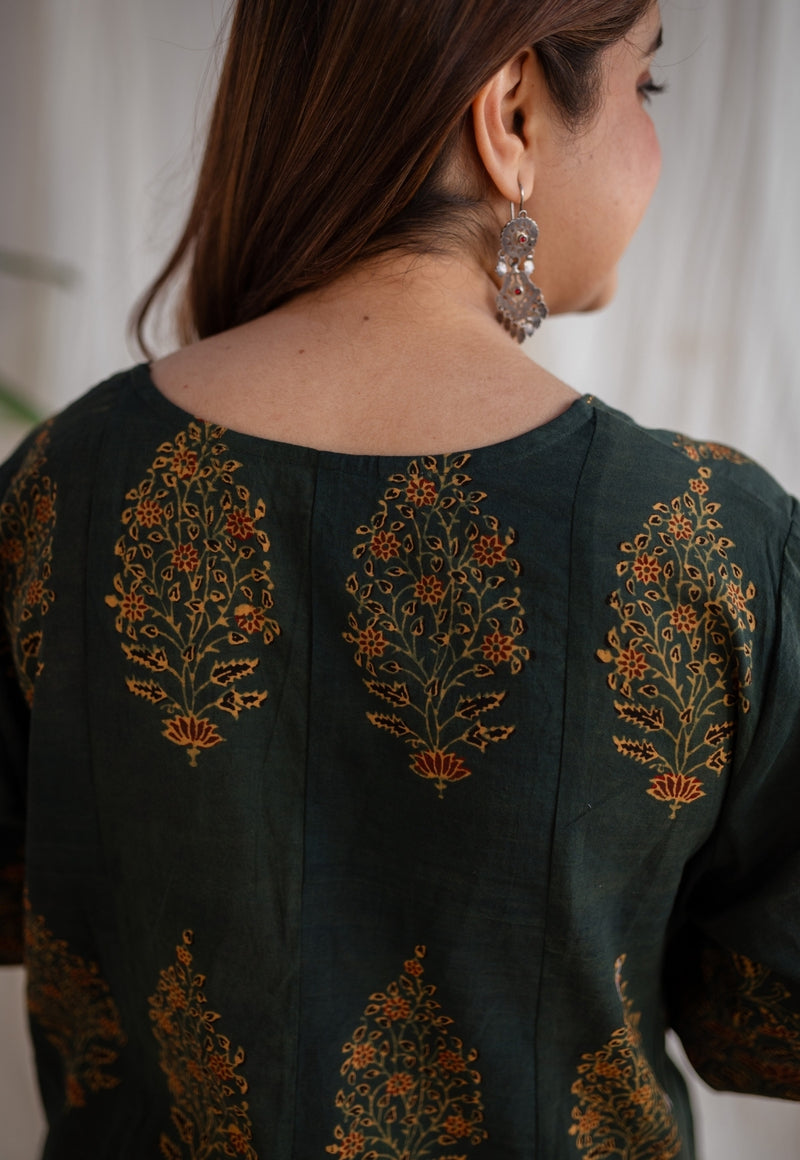 Raazia Ajrakh Cotton Hand Embroidered Kali Kurta