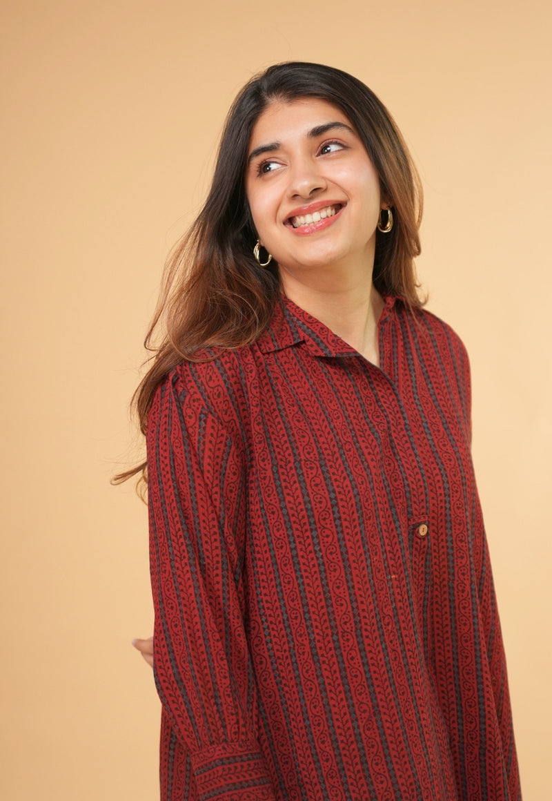 Ridah Red Ajrakh Crush Cotton A Line Dress