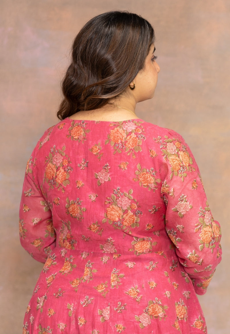 Rosaline Pink Sanganeri Chanderi Silk Kali Kurta with Hand Embroidery