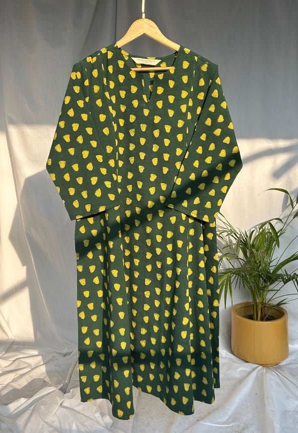 Malika Green Dabu Cotton Kali Kurta