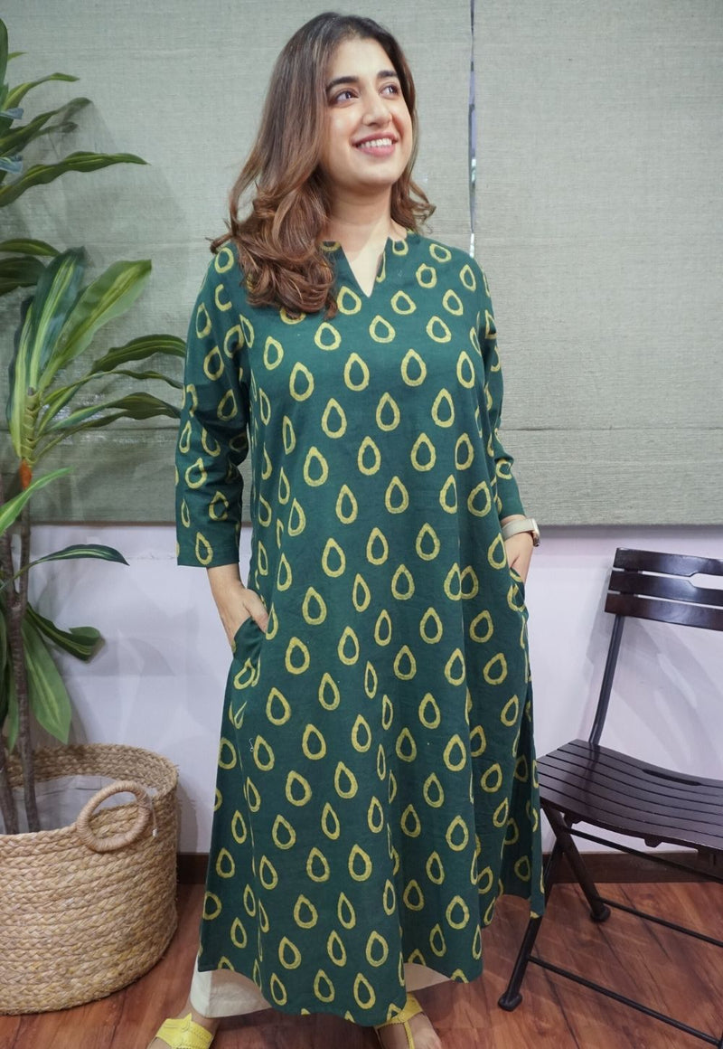 Green Dabu Cotton Kurta