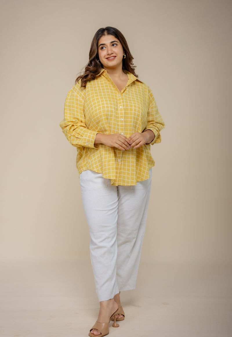 Ruhi Yellow Hand Block Print Slub Cotton Anti-Fit Shirt