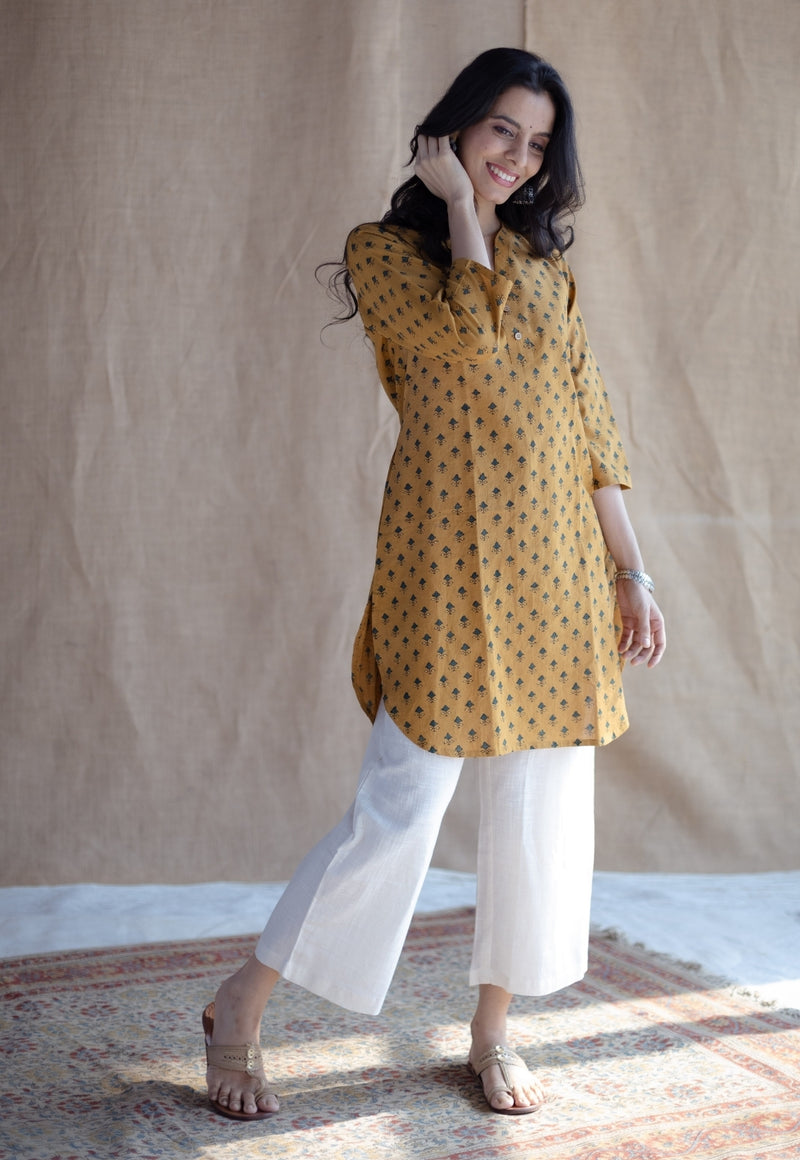 Hania Mustard Ajrakh Cotton Straight Short Top