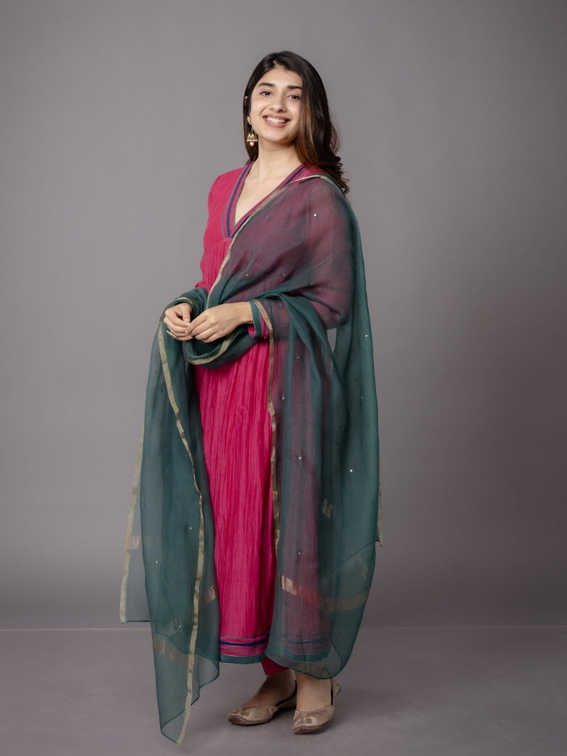 Green Solid Zari SIlk Net Dupatta with Hand Embroidery