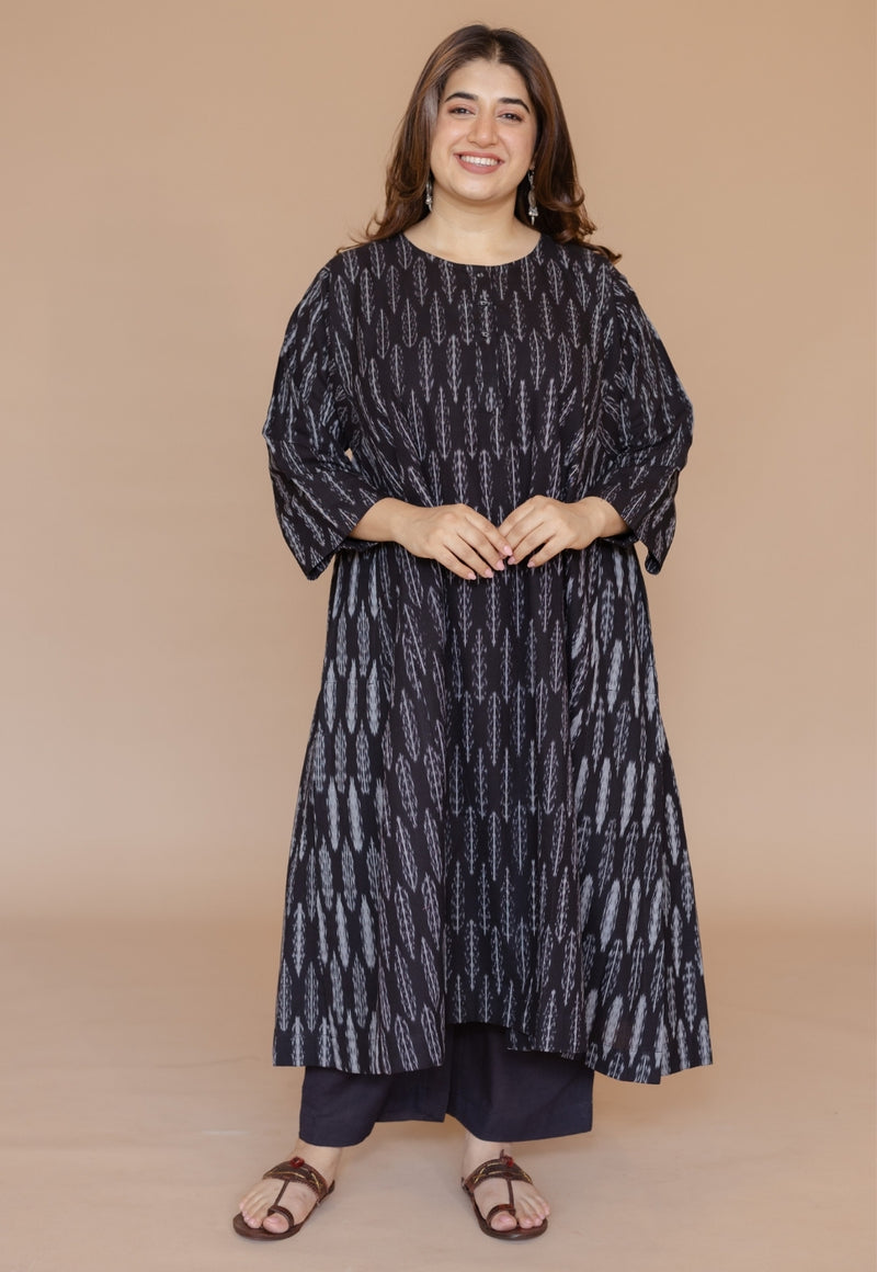Alizah Black Handloom Ikkat Cotton Jhabbha Kali Kurta