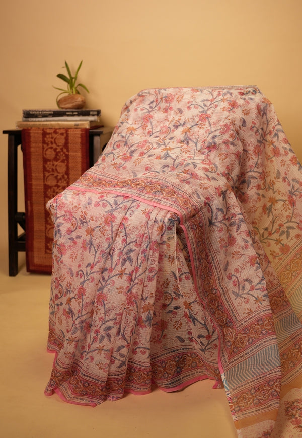 Pink Floral Jaal Sanganeri Hand Block Print Kota Doria Saree