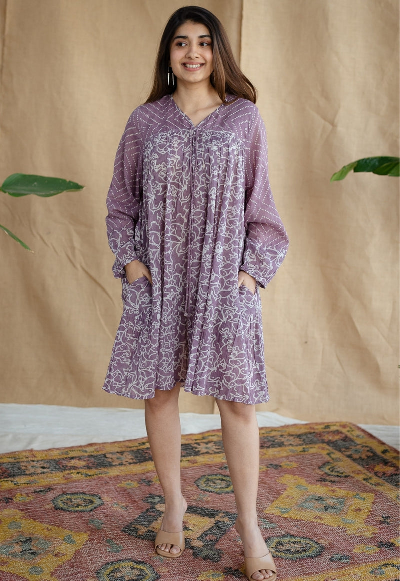 Aanvi Lavender Batik MulMul Cotton Loose Dress