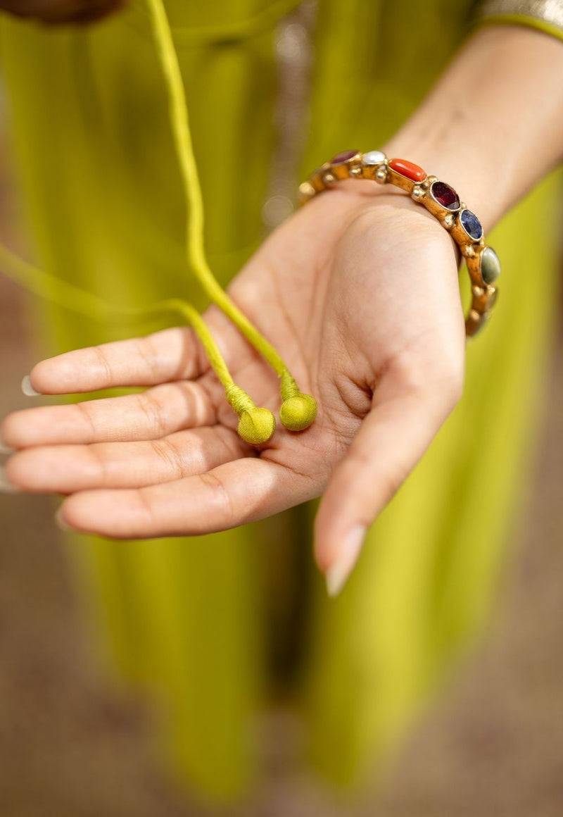 Mohini Lime Green Angrakha Chanderi Silk Gota Patti Kurta Set (Set of 3)