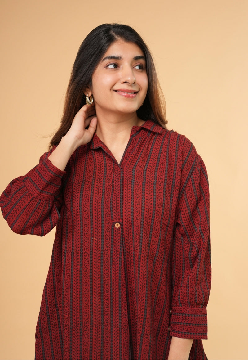 Ridah Red Ajrakh Crush Cotton A Line Dress