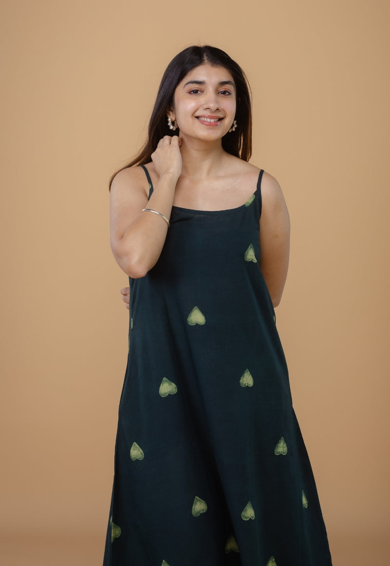 Viaana Green Dabu Cotton A Line Dress