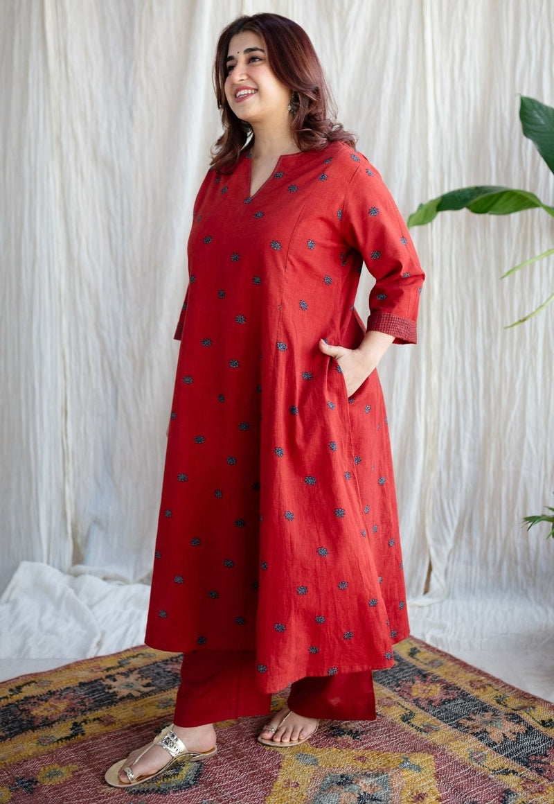 Kamal Red Ajrakh Cotton Kali Kurta with Hand Embroidery