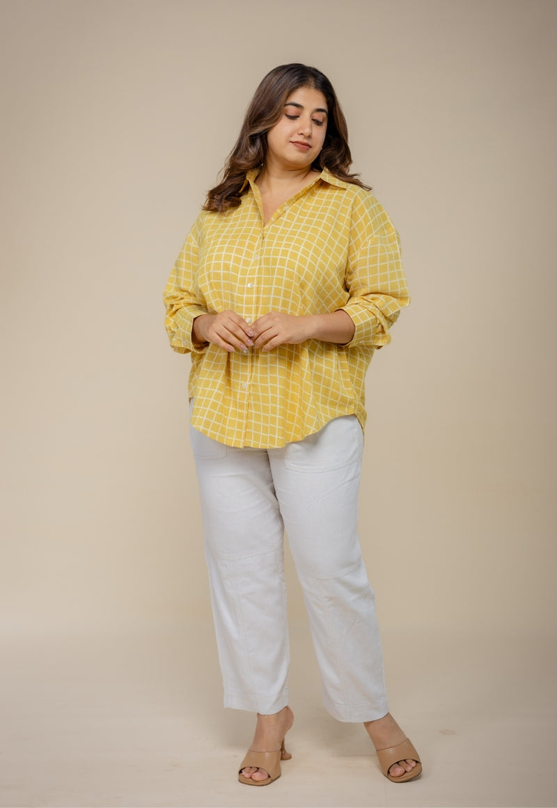 Ruhi Yellow Hand Block Print Slub Cotton Anti-Fit Shirt