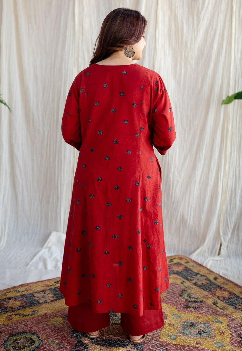 Kamal Red Ajrakh Cotton Kali Kurta with Hand Embroidery