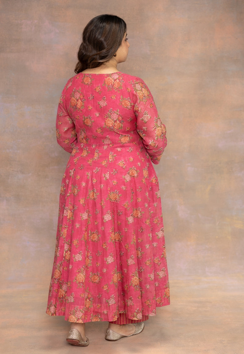 Rosaline Pink Sanganeri Chanderi Silk Kali Kurta with Hand Embroidery