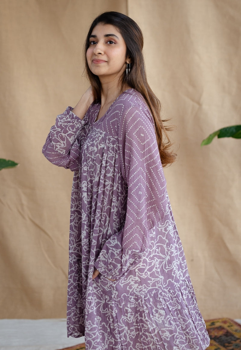 Aanvi Lavender Batik MulMul Cotton Loose Dress