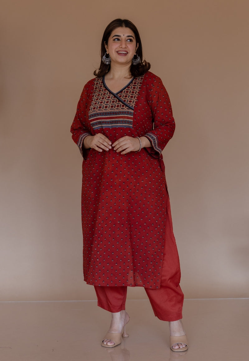 Mayuri Red Ajrakh Cotton Straight Kurta