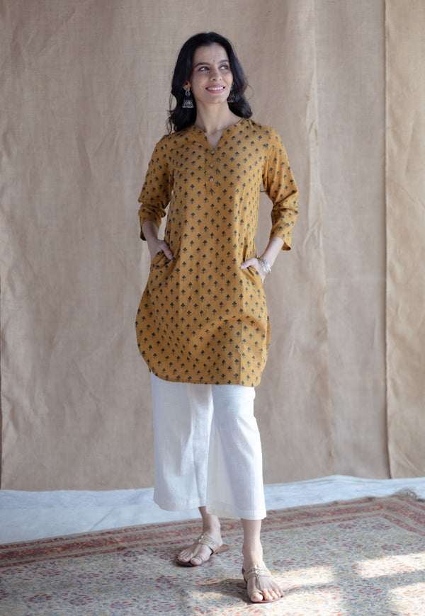 Hania Mustard Ajrakh Cotton Straight Short Top