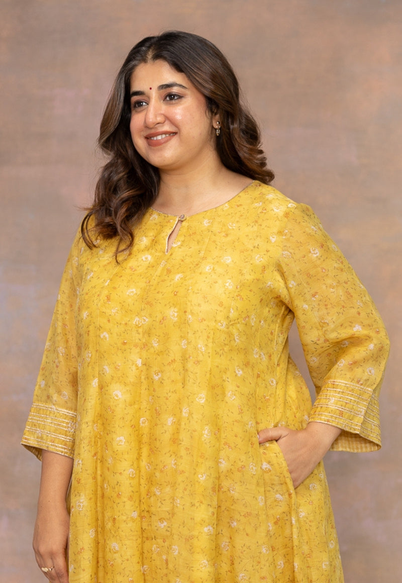 Rosa Yellow Sanganeri Chanderi Silk Kali Kurta with Hand Embroidery