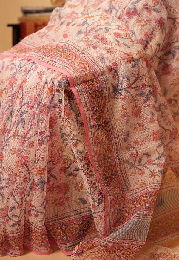 Pink Floral Jaal Sanganeri Hand Block Print Kota Doria Saree