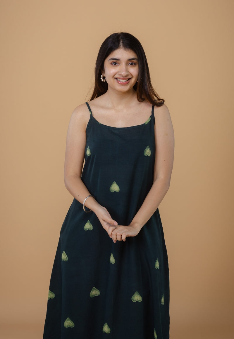 Viaana Green Dabu Cotton A Line Dress