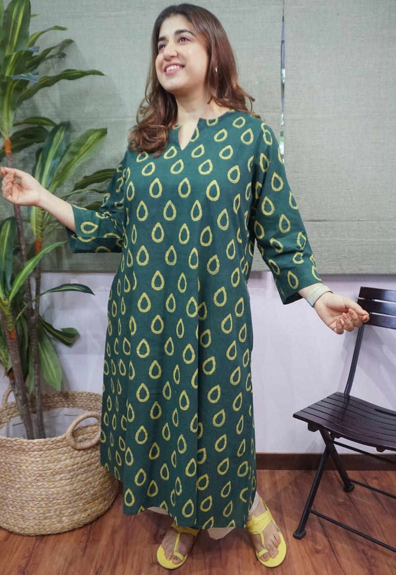 Green Dabu Cotton Kurta