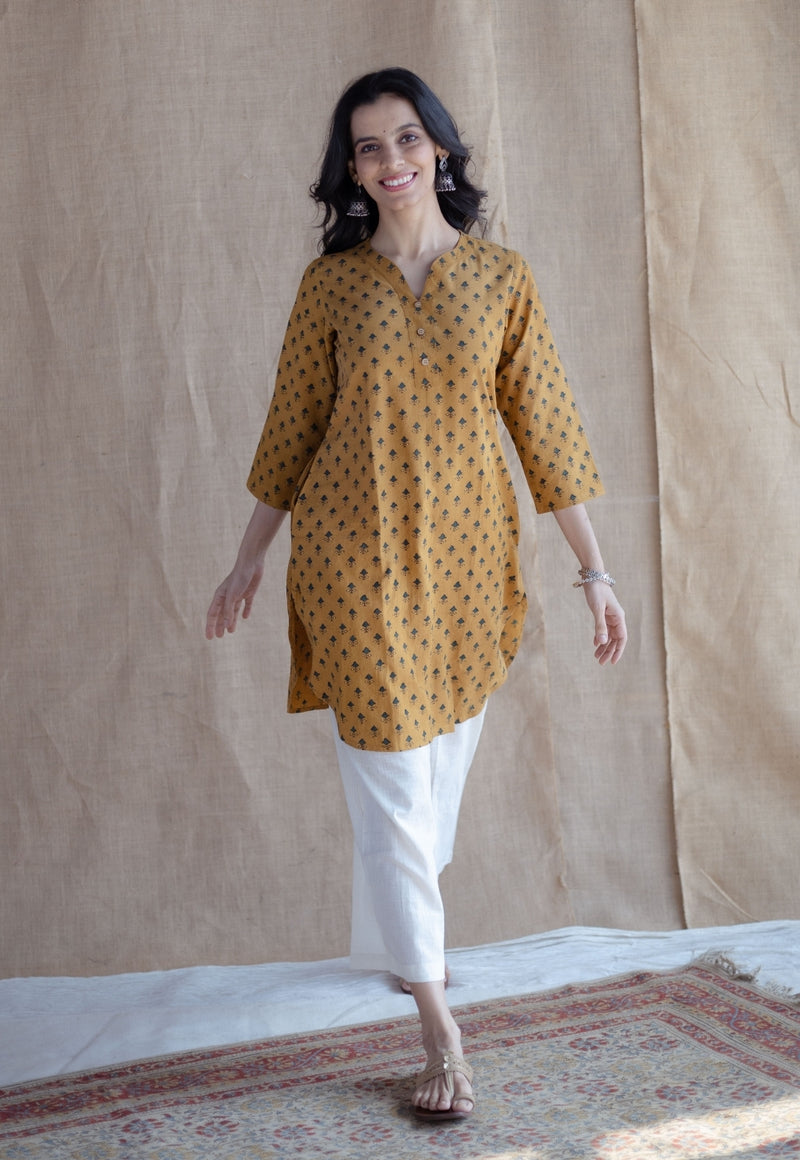 Hania Mustard Ajrakh Cotton Straight Short Top