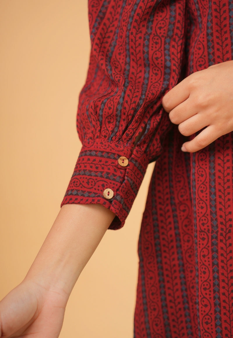 Ridah Red Ajrakh Crush Cotton A Line Dress