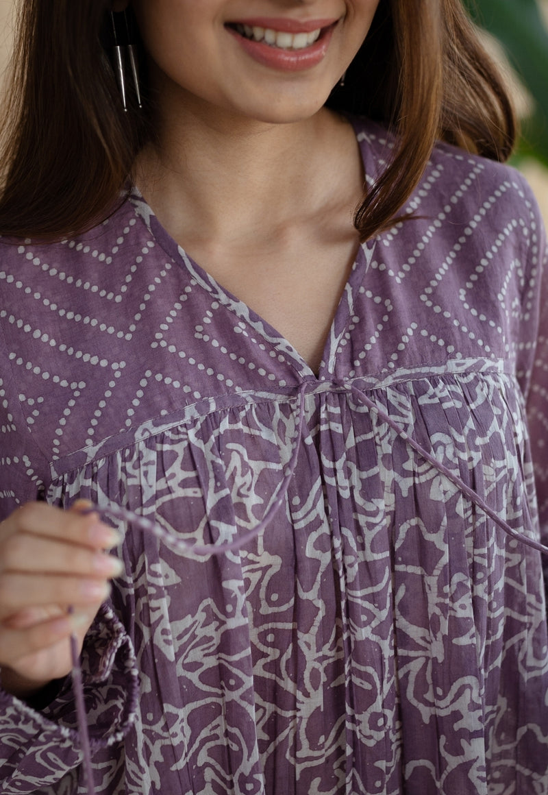 Aanvi Lavender Batik MulMul Cotton Loose Dress