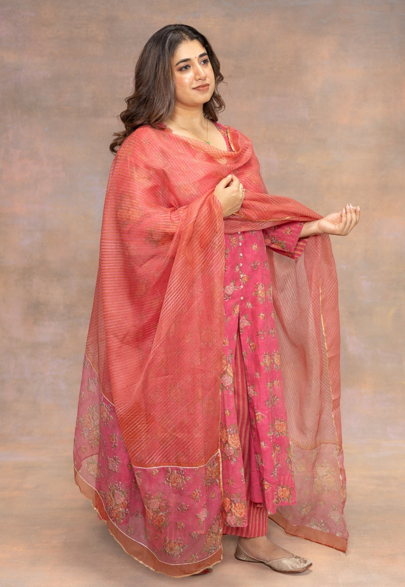 Rosaline Pink Sanganeri Kota Doria Silk Dupatta