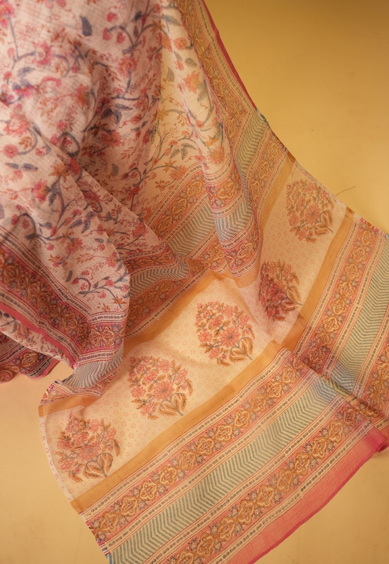 Pink Floral Jaal Sanganeri Hand Block Print Kota Doria Saree