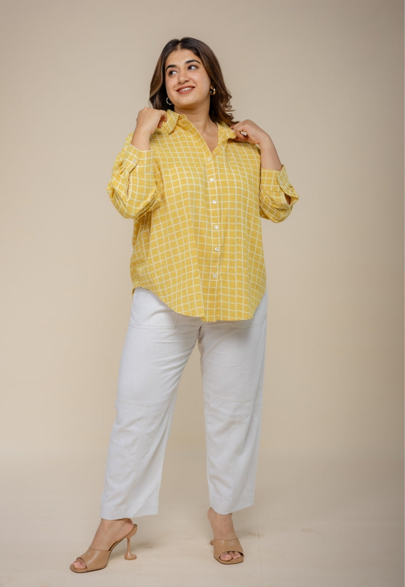 Ruhi Yellow Hand Block Print Slub Cotton Anti-Fit Shirt