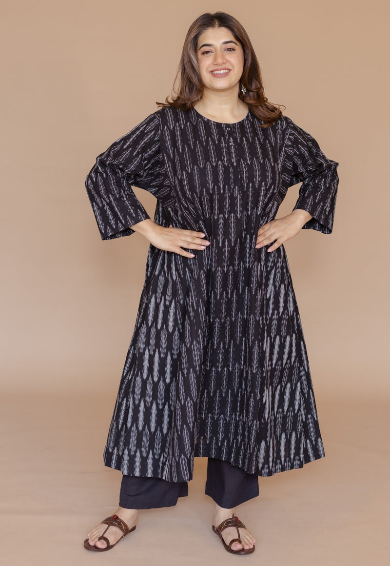 Alizah Black Handloom Ikkat Cotton Jhabbha Kali Kurta