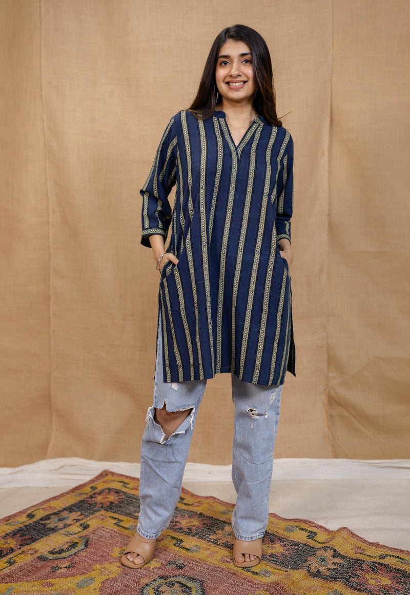 Hiba Indigo Ajrakh Cotton Straight Kurta