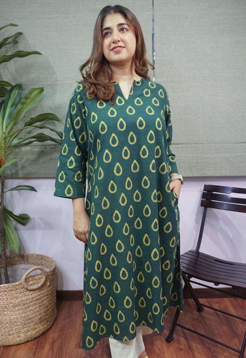 Green Dabu Cotton Kurta