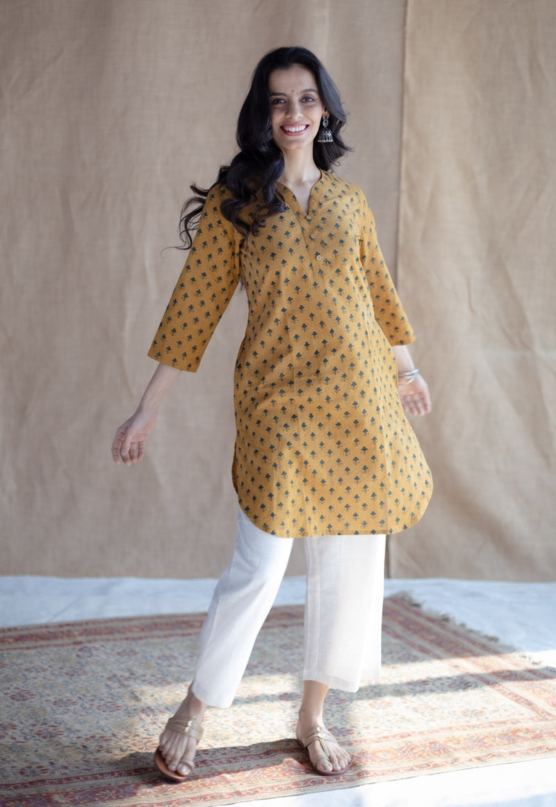 Hania Mustard Ajrakh Cotton Straight Short Top