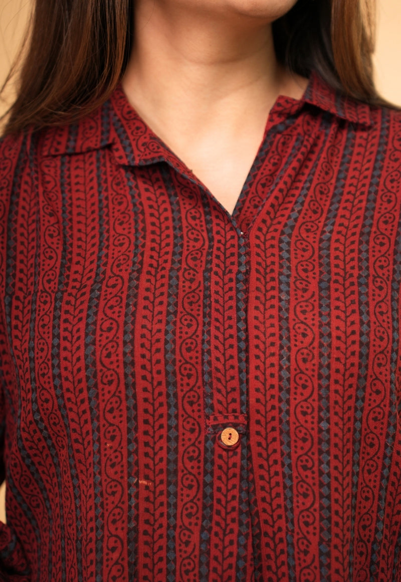 Ridah Red Ajrakh Crush Cotton A Line Dress