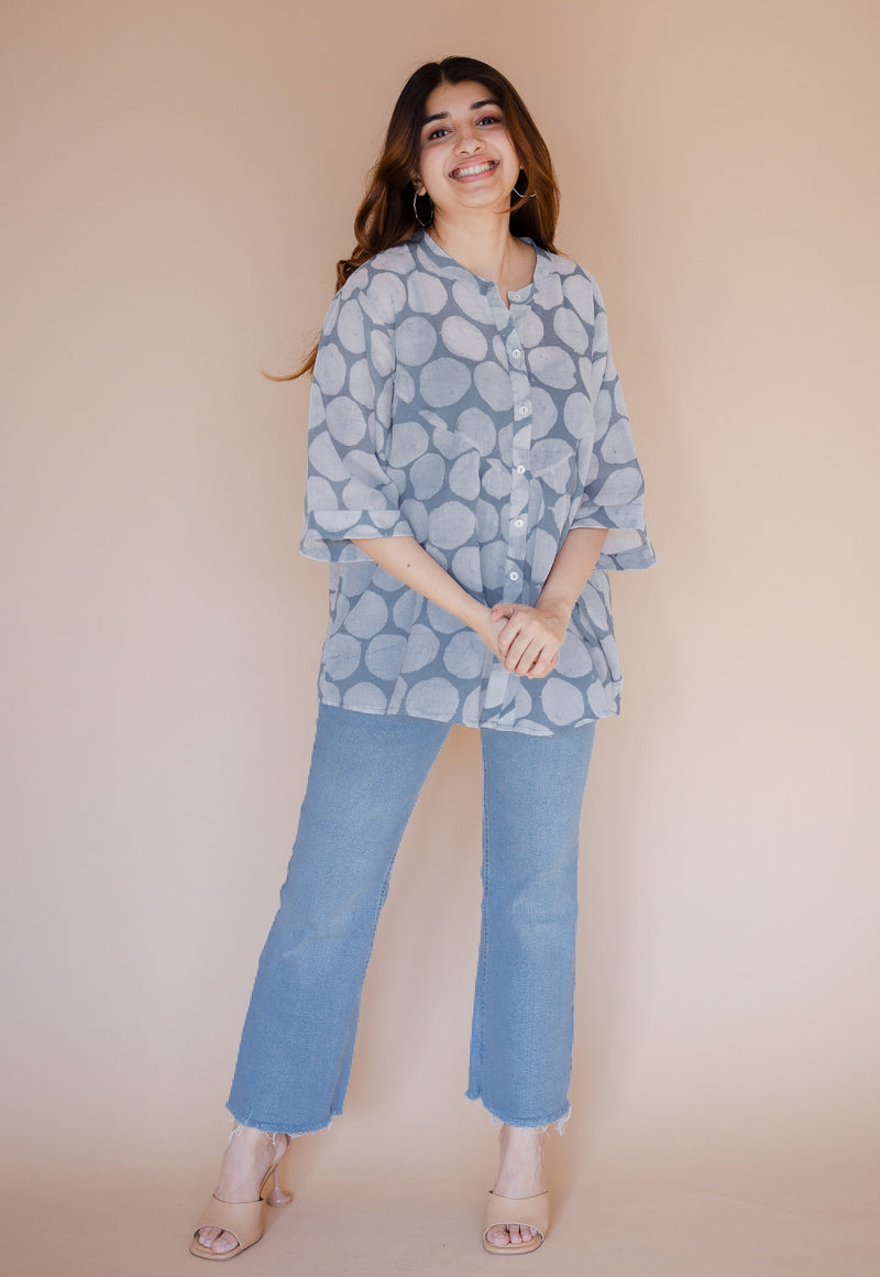 Mysha Blue Batik MulMul Straight Short Top with Slip