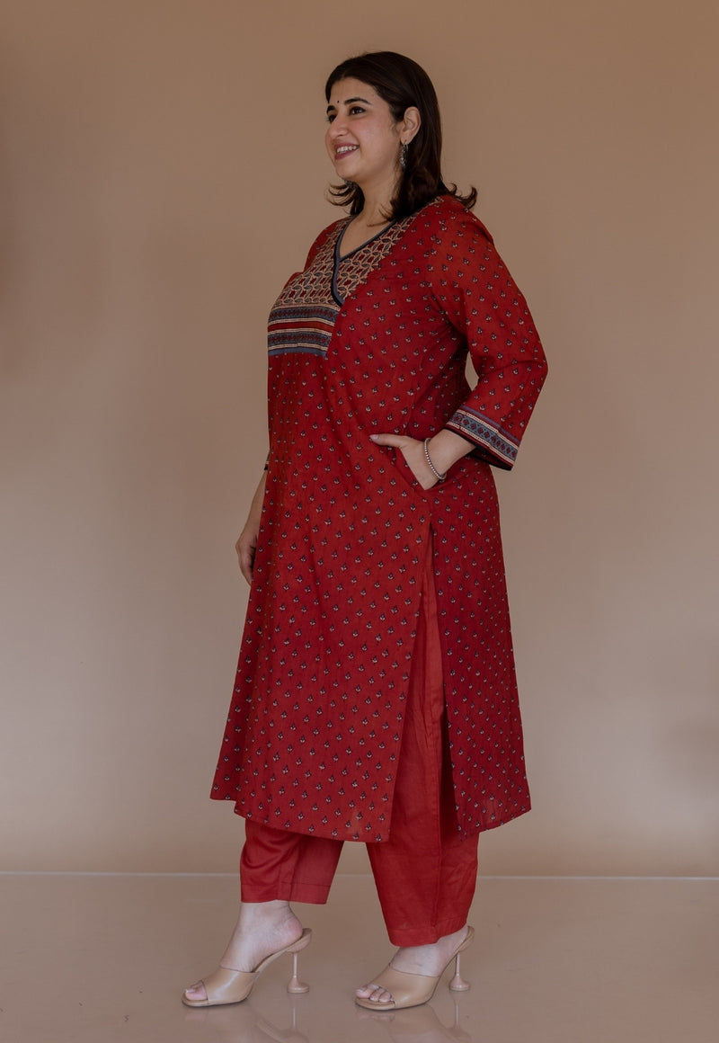 Mayuri Red Ajrakh Cotton Straight Kurta