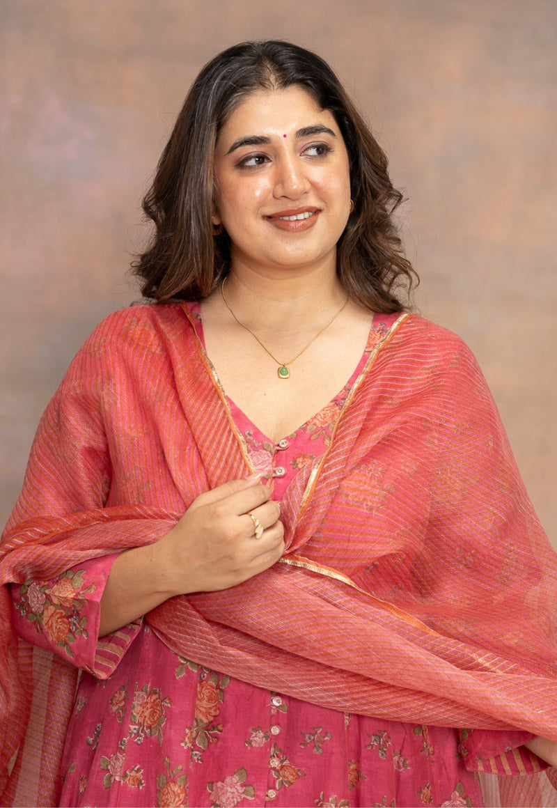 Rosaline Pink Sanganeri Kota Doria Silk Dupatta