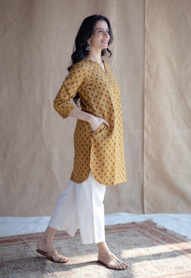 Hania Mustard Ajrakh Cotton Straight Short Top