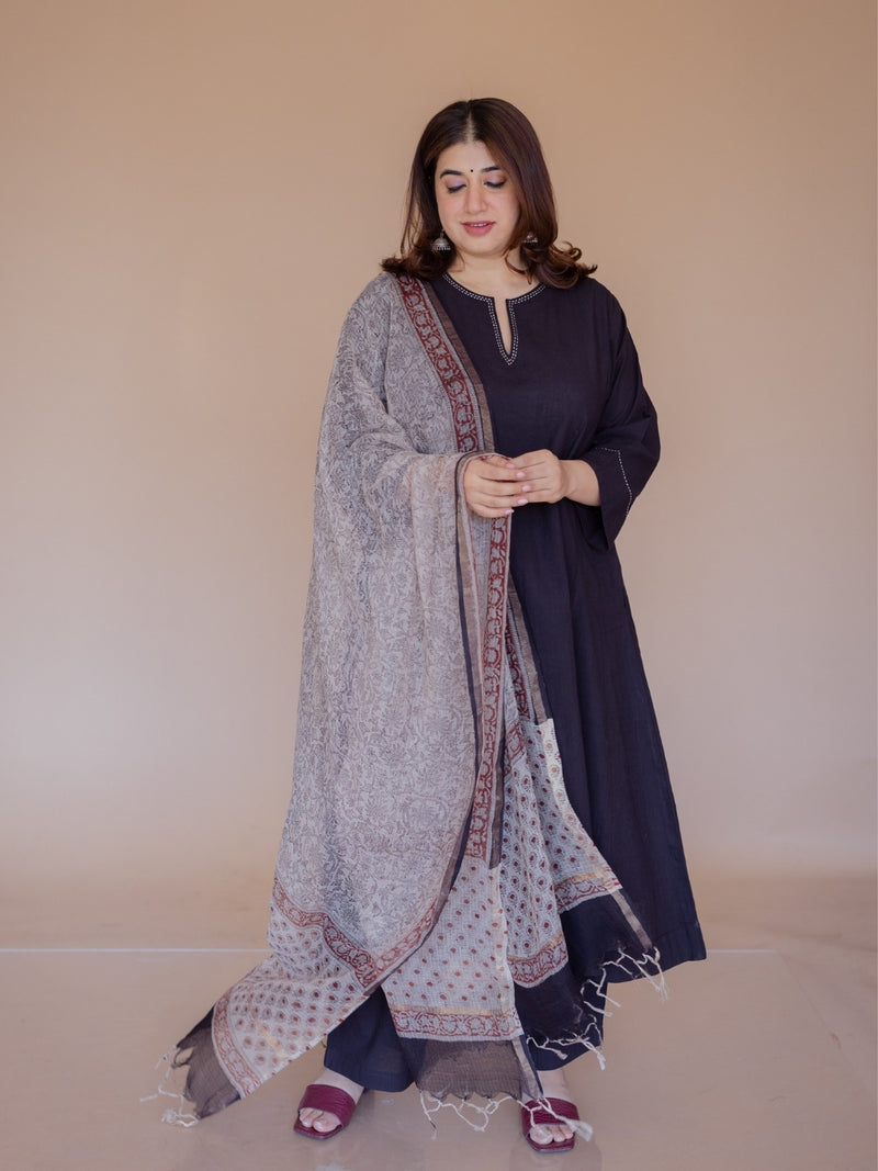 Off White Floral Bagru Kota Doria Cotton Dupatta