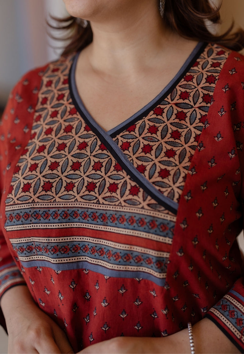 Mayuri Red Ajrakh Cotton Straight Kurta