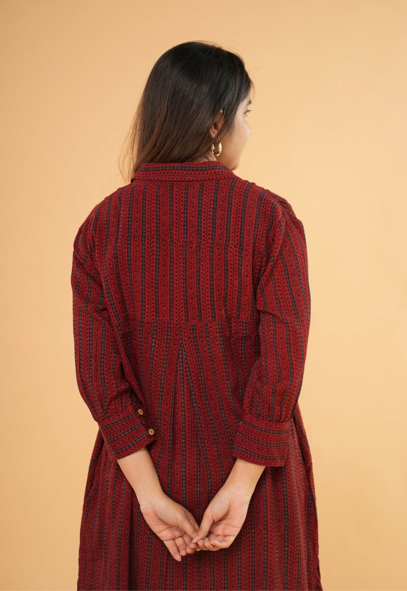 Ridah Red Ajrakh Crush Cotton A Line Dress