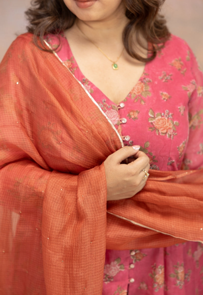 Orange Solid Kota Doria Silk Dupatta with Mukaish Detailing